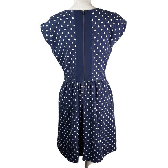 Maison Jules French Terry V-Neck Fit and Flare Dress Polka Dot Navy Blue White L - Picture 5 of 8